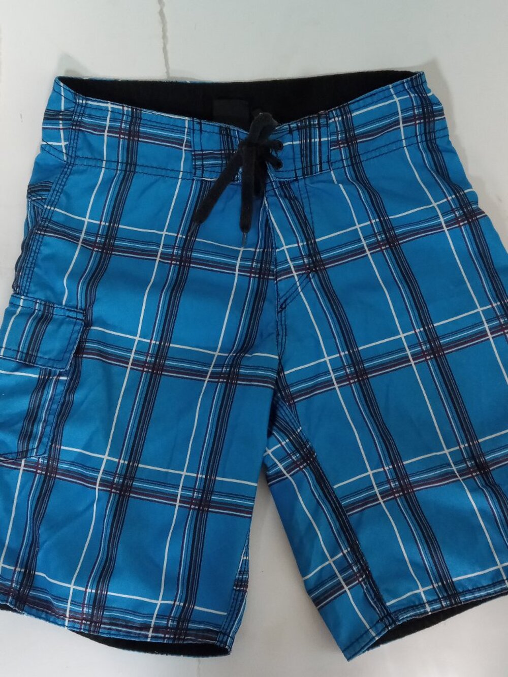 Burnside Men's Swim Trunks Blue Black Striped Board Shorts Sz Small Plaid Tartan